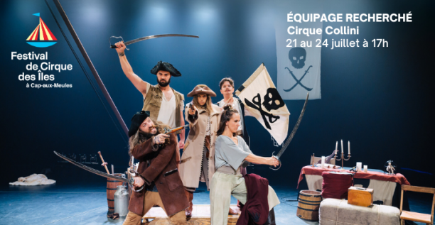 Affiche du spectacle "Équipage recherché". On y voit des pirates prêts à attaquer, sur une scène